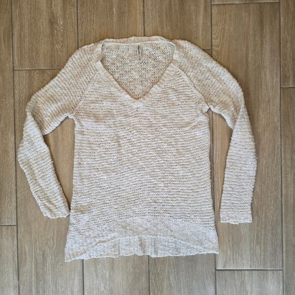 Aeropostale Beige Open Knit V-Neck High Low Hem Pullover Sweater Women’s L - Picture 1 of 6
